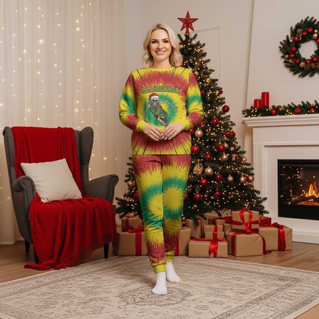 Personalized Lithuania Christmas Tie Dye Christmas Pajama Set Skeleton Basketball Slam Dunk - Wonder Print Shop