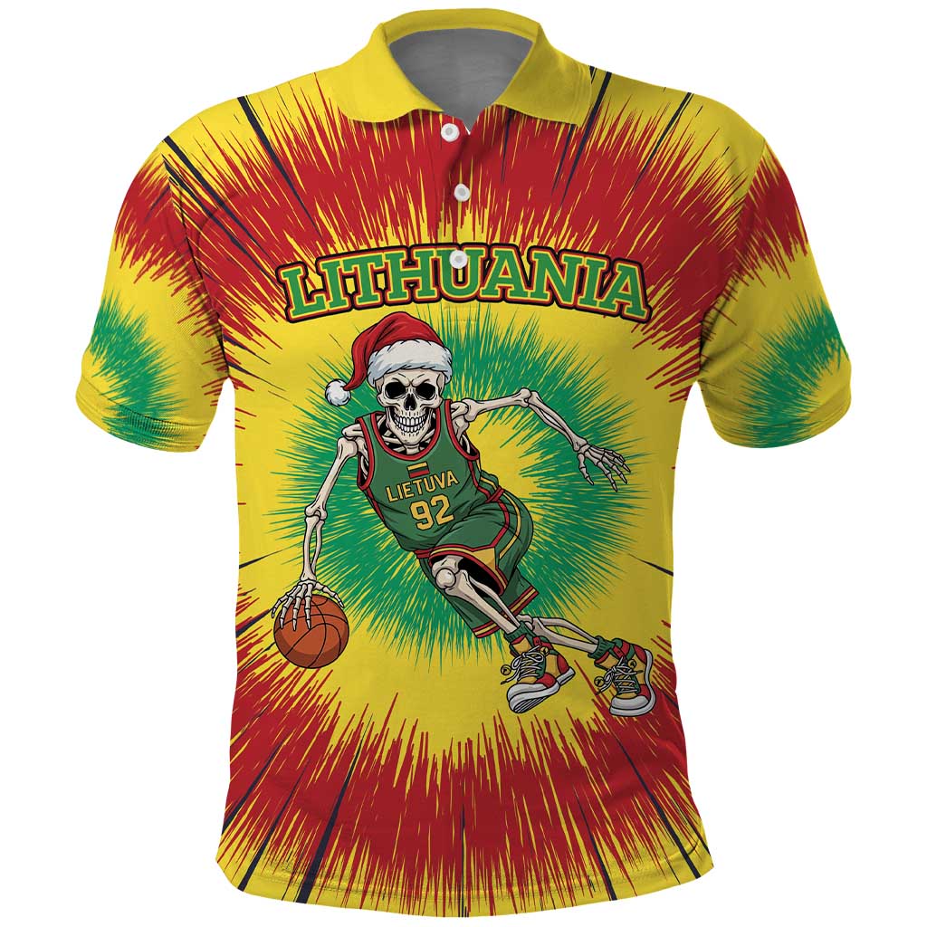 Personalized Lithuania Christmas Tie Dye Polo Shirt Skeleton Basketball Slam Dunk LT19