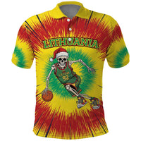 Personalized Lithuania Christmas Tie Dye Polo Shirt Skeleton Basketball Slam Dunk LT19
