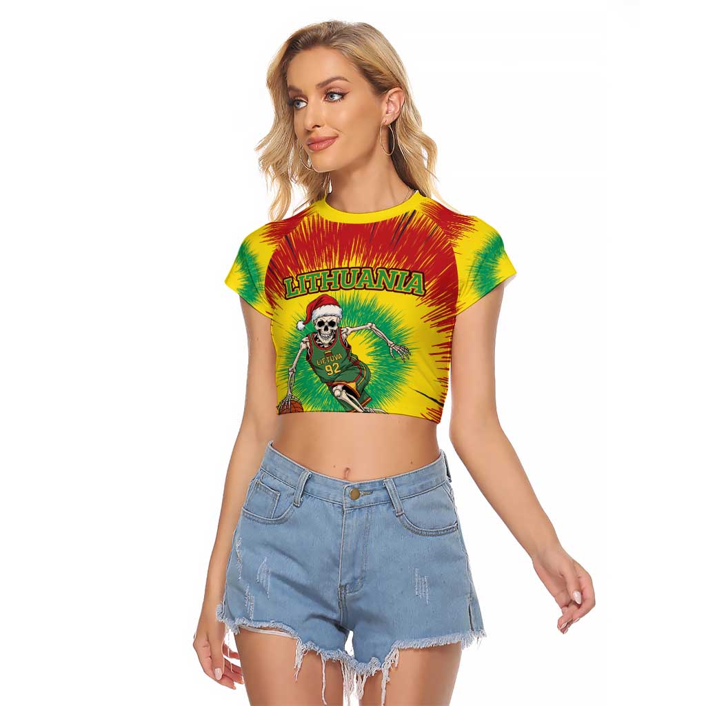 Personalized Lithuania Christmas Tie Dye Raglan Cropped T Shirt Skeleton Basketball Slam Dunk LT19