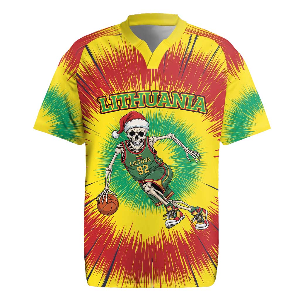 Personalized Lithuania Christmas Tie Dye Rugby Jersey Skeleton Basketball Slam Dunk LT19