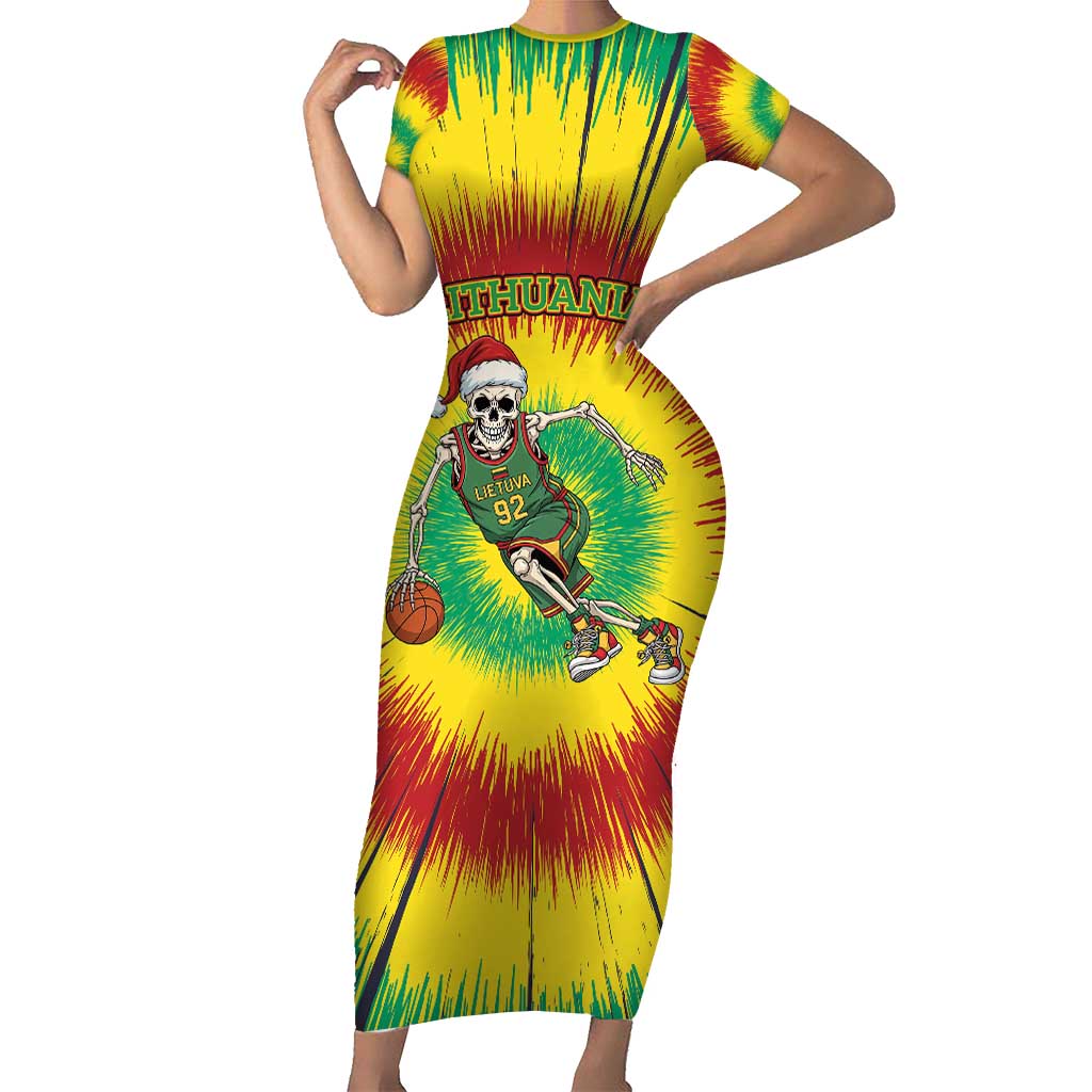 Personalized Lithuania Christmas Tie Dye Short Sleeve Bodycon Dress Skeleton Basketball Slam Dunk LT19