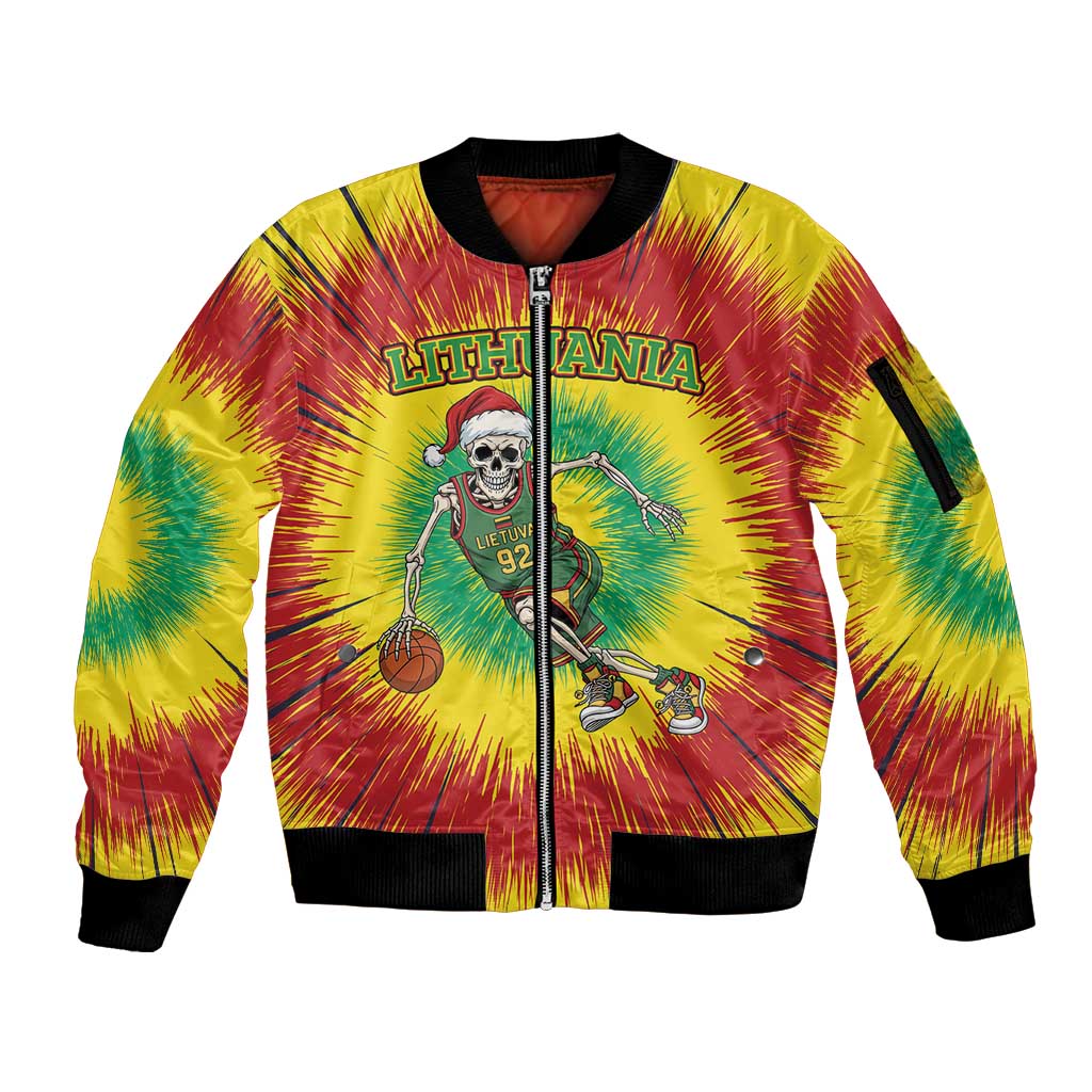 Personalized Lithuania Christmas Tie Dye Sleeve Zip Bomber Jacket Skeleton Basketball Slam Dunk LT19