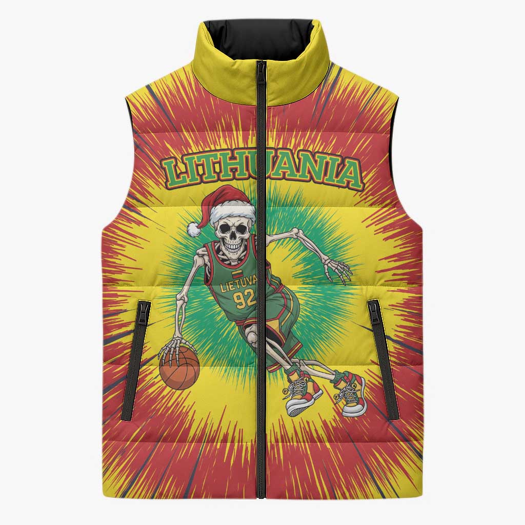 Personalized Lithuania Christmas Tie Dye Sleeveless Puffer Jacket Skeleton Basketball Slam Dunk LT19