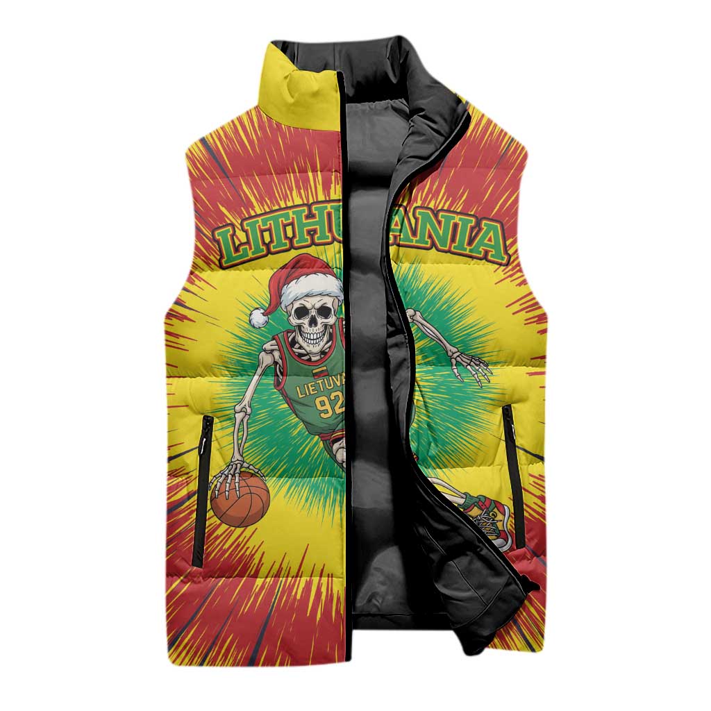 Personalized Lithuania Christmas Tie Dye Sleeveless Puffer Jacket Skeleton Basketball Slam Dunk LT19