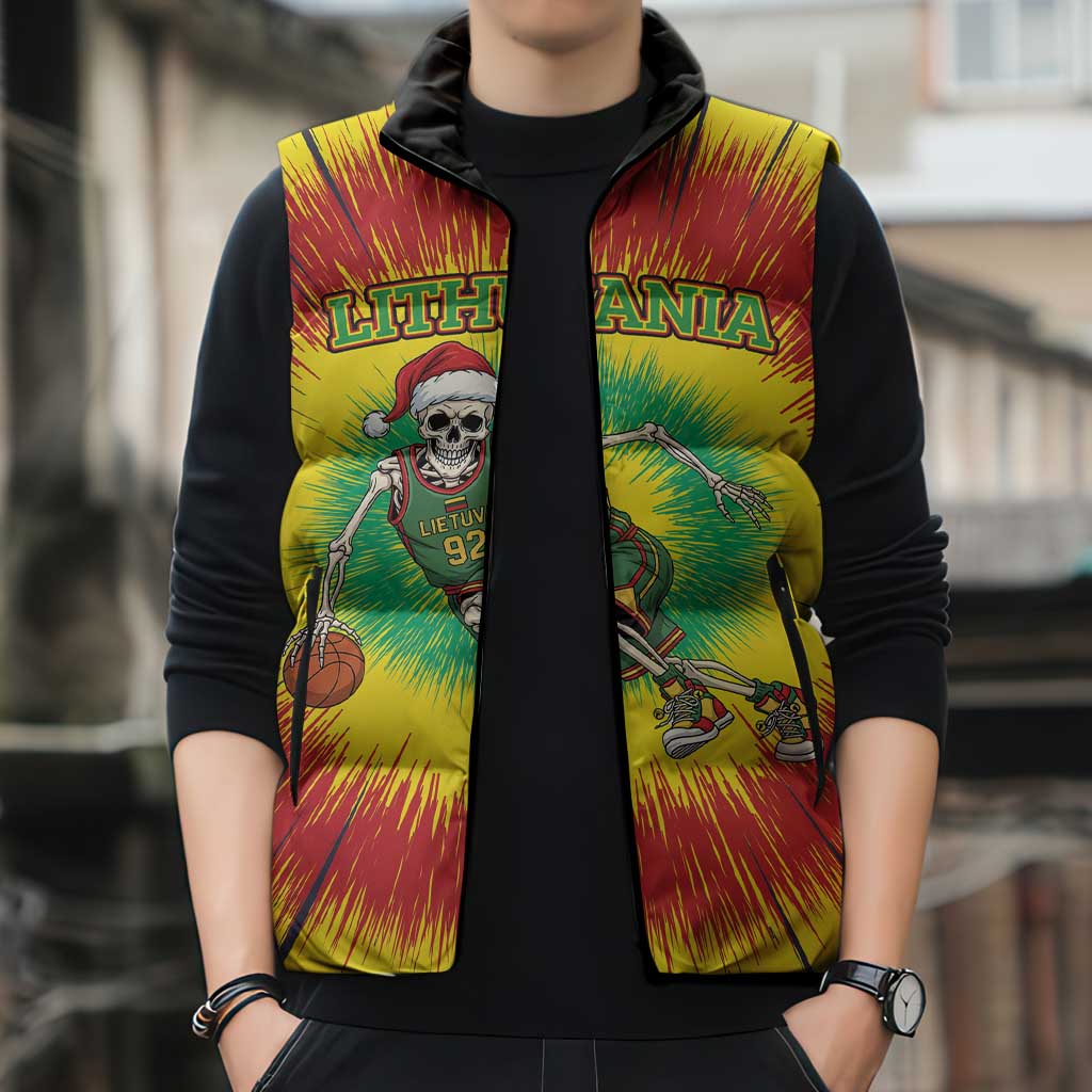 Personalized Lithuania Christmas Tie Dye Sleeveless Puffer Jacket Skeleton Basketball Slam Dunk LT19