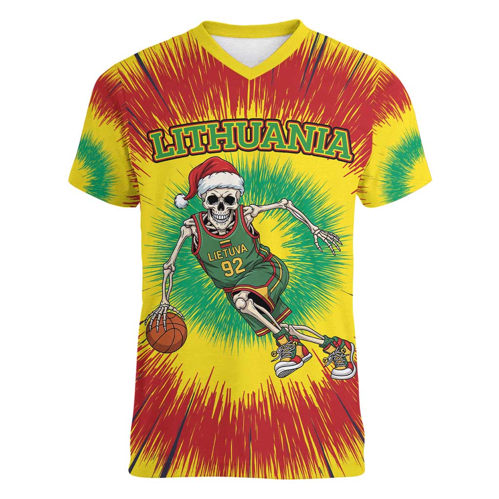 Personalized Lithuania Christmas Tie Dye Women V-Neck T-Shirt Skeleton Basketball Slam Dunk LT19