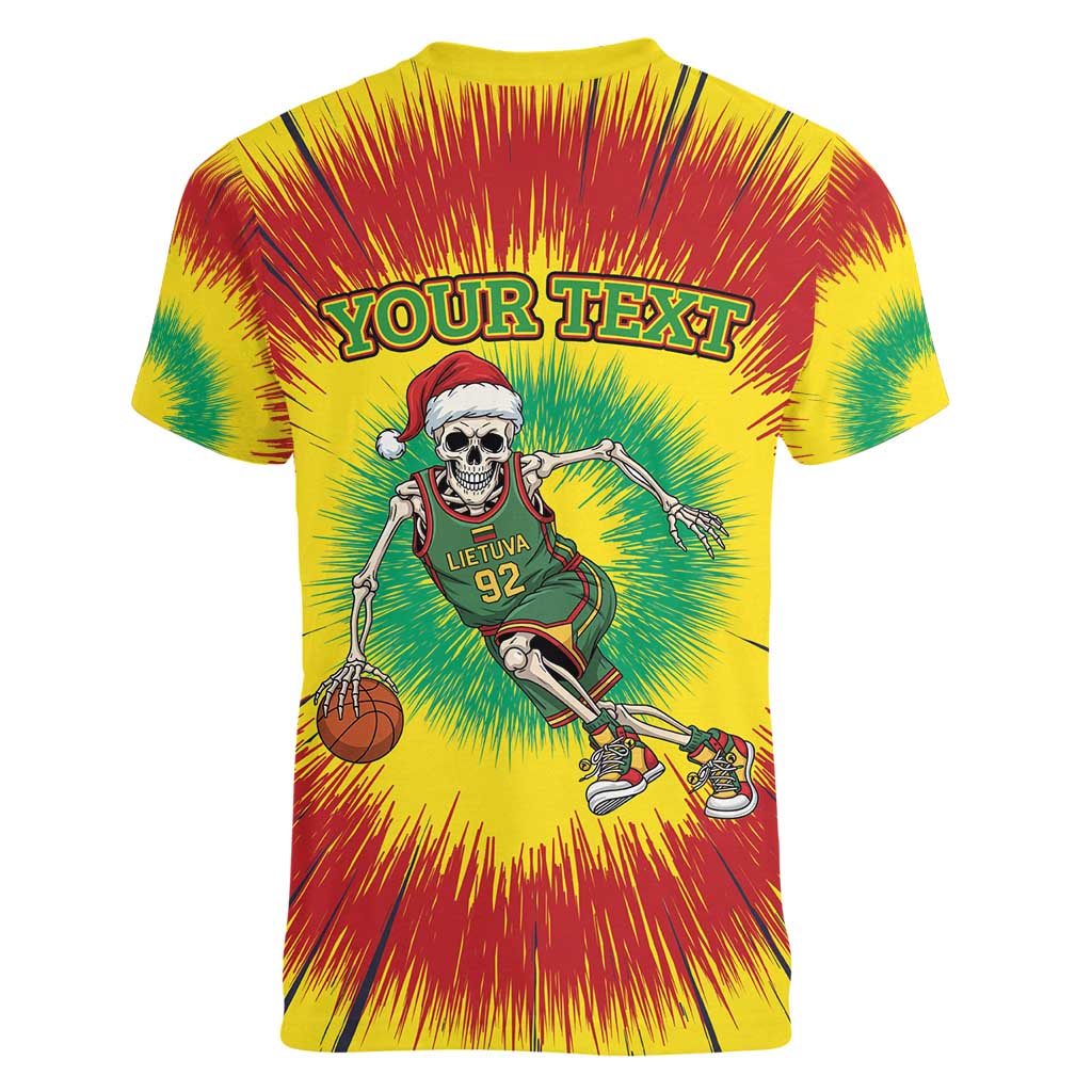Personalized Lithuania Christmas Tie Dye Women V-Neck T-Shirt Skeleton Basketball Slam Dunk LT19