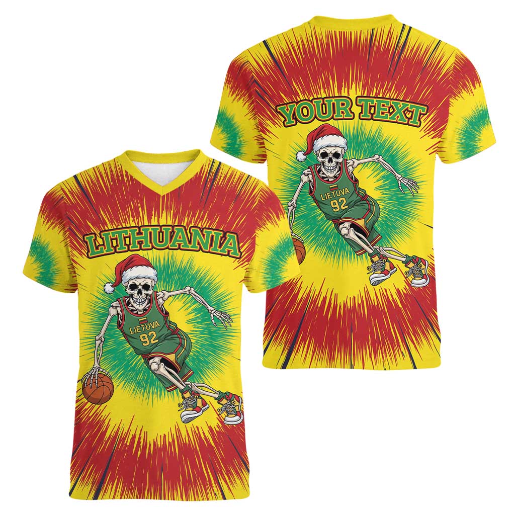 Personalized Lithuania Christmas Tie Dye Women V-Neck T-Shirt Skeleton Basketball Slam Dunk LT19