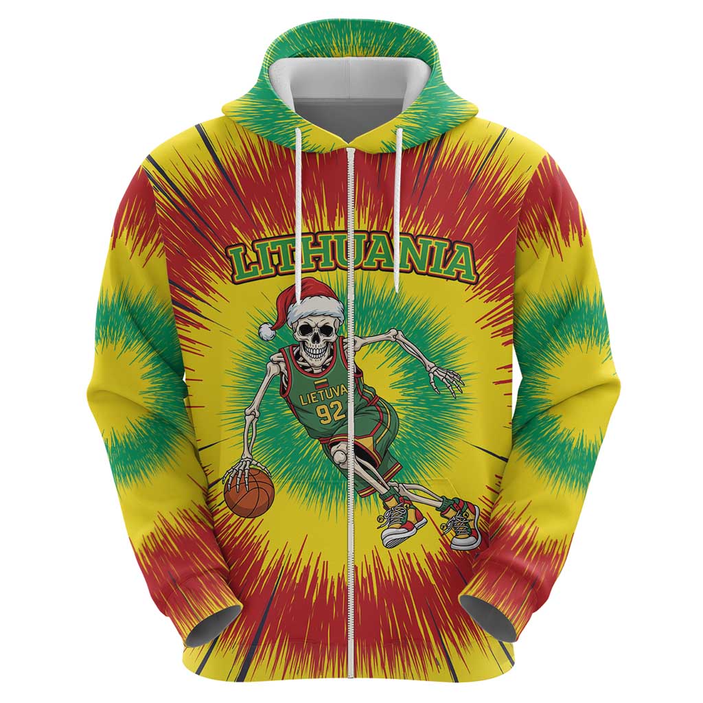 Personalized Lithuania Christmas Tie Dye Zip Hoodie Skeleton Basketball Slam Dunk LT19