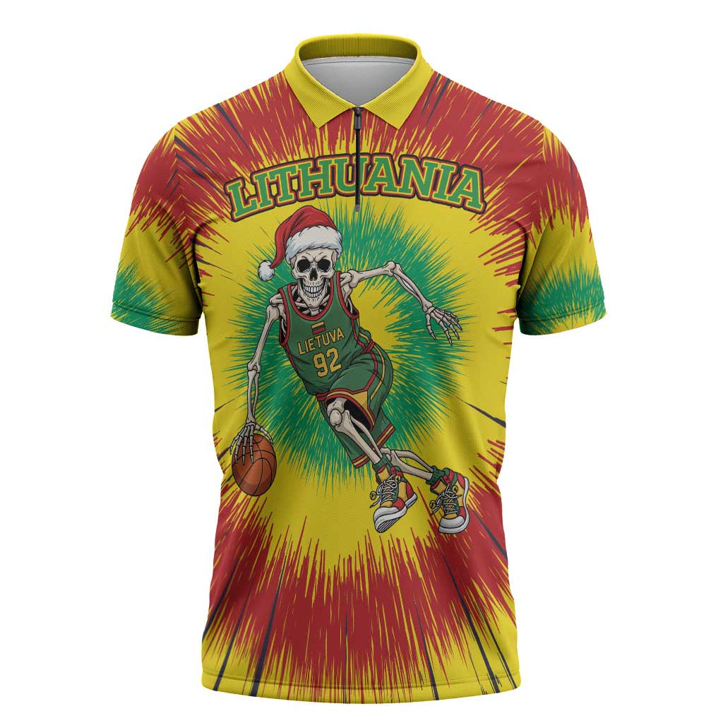 Personalized Lithuania Christmas Tie Dye Zipper Polo Shirt Skeleton Basketball Slam Dunk LT19