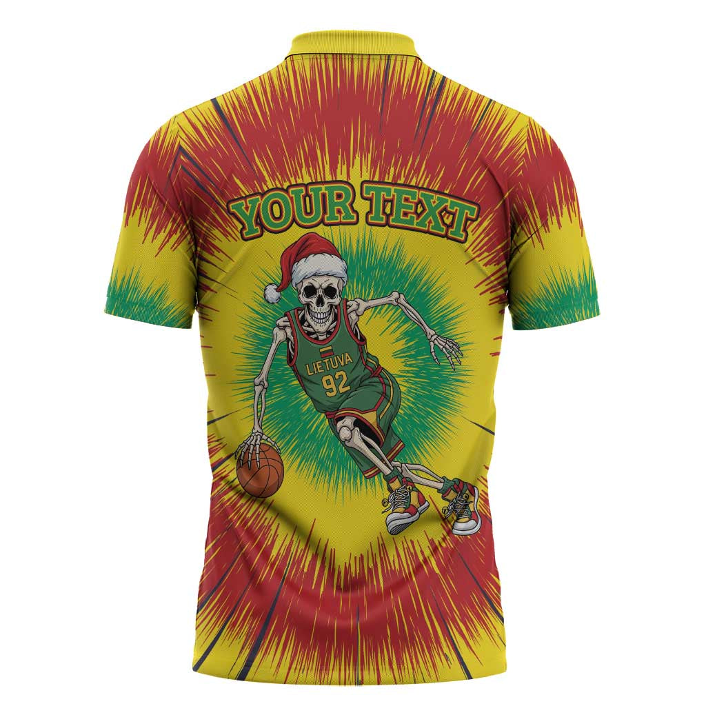 Personalized Lithuania Christmas Tie Dye Zipper Polo Shirt Skeleton Basketball Slam Dunk LT19