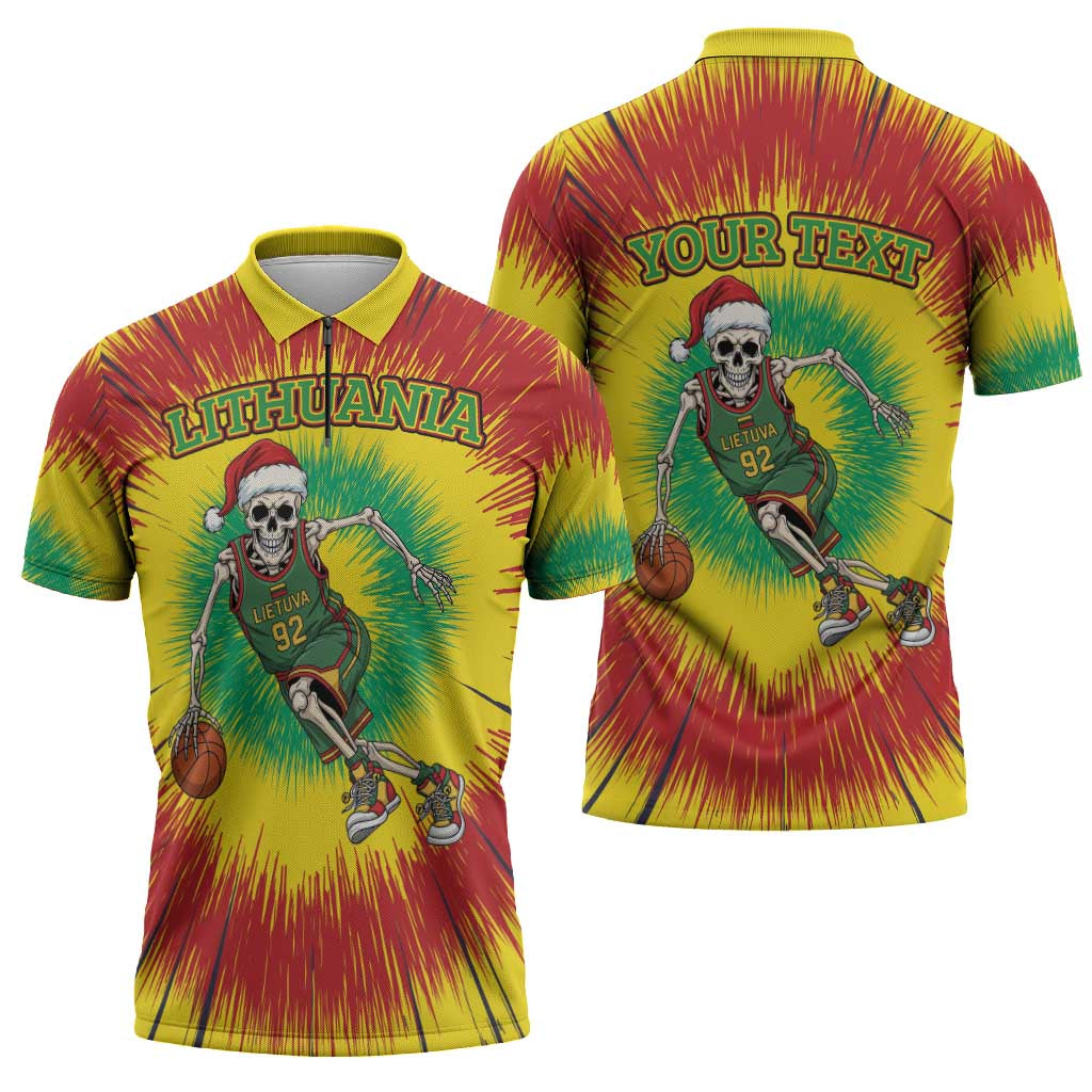 Personalized Lithuania Christmas Tie Dye Zipper Polo Shirt Skeleton Basketball Slam Dunk LT19