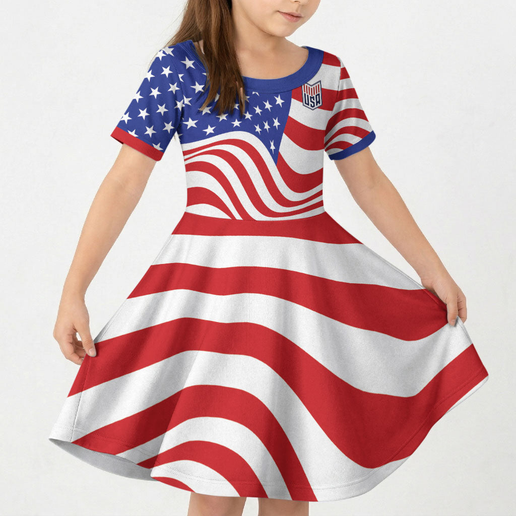 Custom United States Soccer Kid Short Sleeve Dress USA Stars and Stripes Style