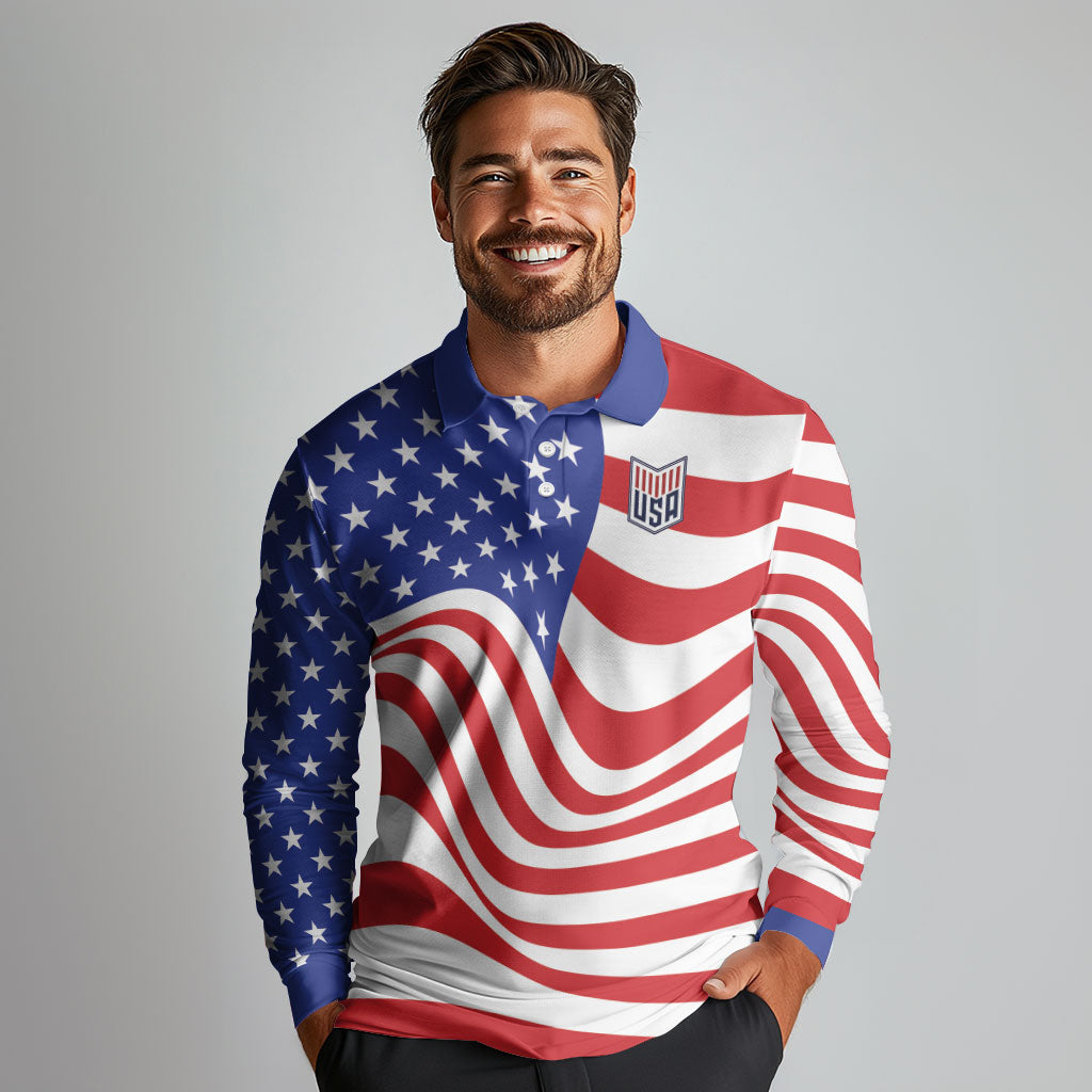 Custom United States Soccer Long Sleeve Polo Shirt USA Stars and Stripes Style