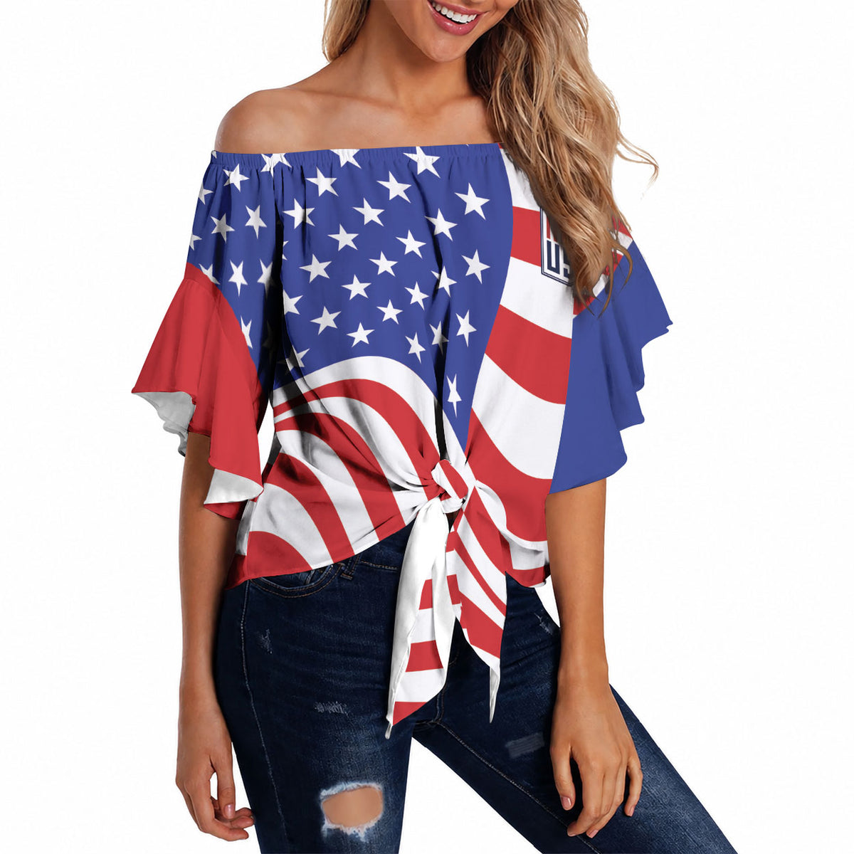 Custom United States Soccer Off Shoulder Wrap Waist Top USA Stars and Stripes Style