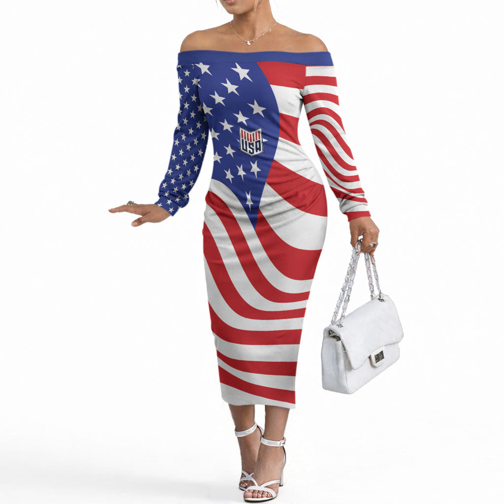 Custom United States Soccer Off The Shoulder Long Sleeve Dress USA Stars and Stripes Style