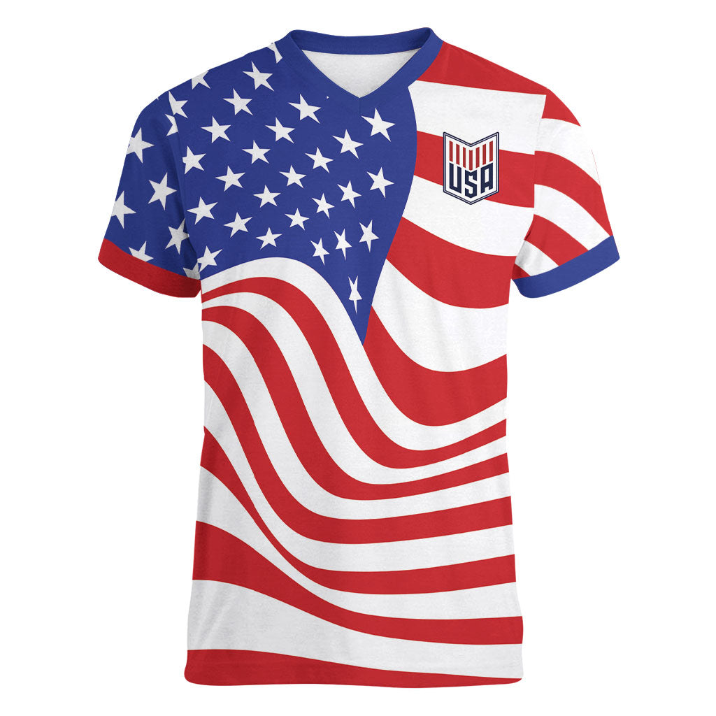 Custom United States Soccer Women V-Neck T-Shirt USA Stars and Stripes Style