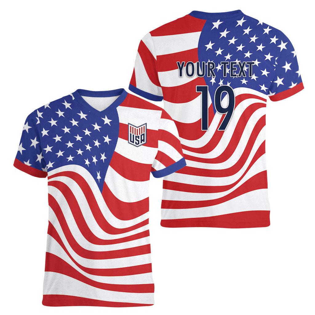 Custom United States Soccer Women V-Neck T-Shirt USA Stars and Stripes Style