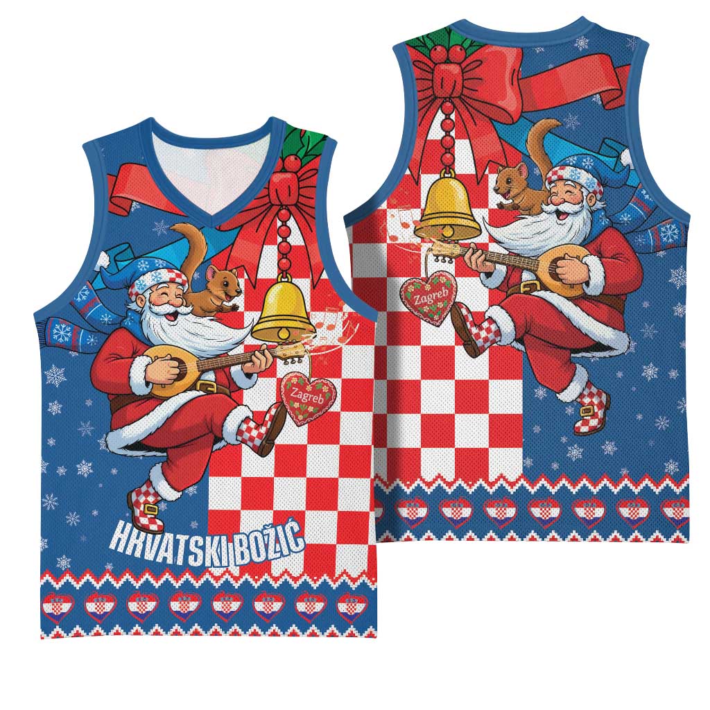 Funny Croatia Ugly Christmas Basketball Jersey Checkerboard Flag Santa Zagreb Design - Wonder Print Shop