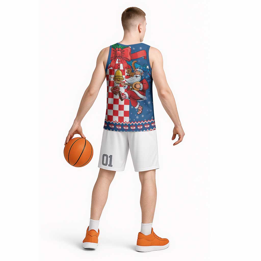 Funny Croatia Ugly Christmas Basketball Jersey Checkerboard Flag Santa Zagreb Design - Wonder Print Shop