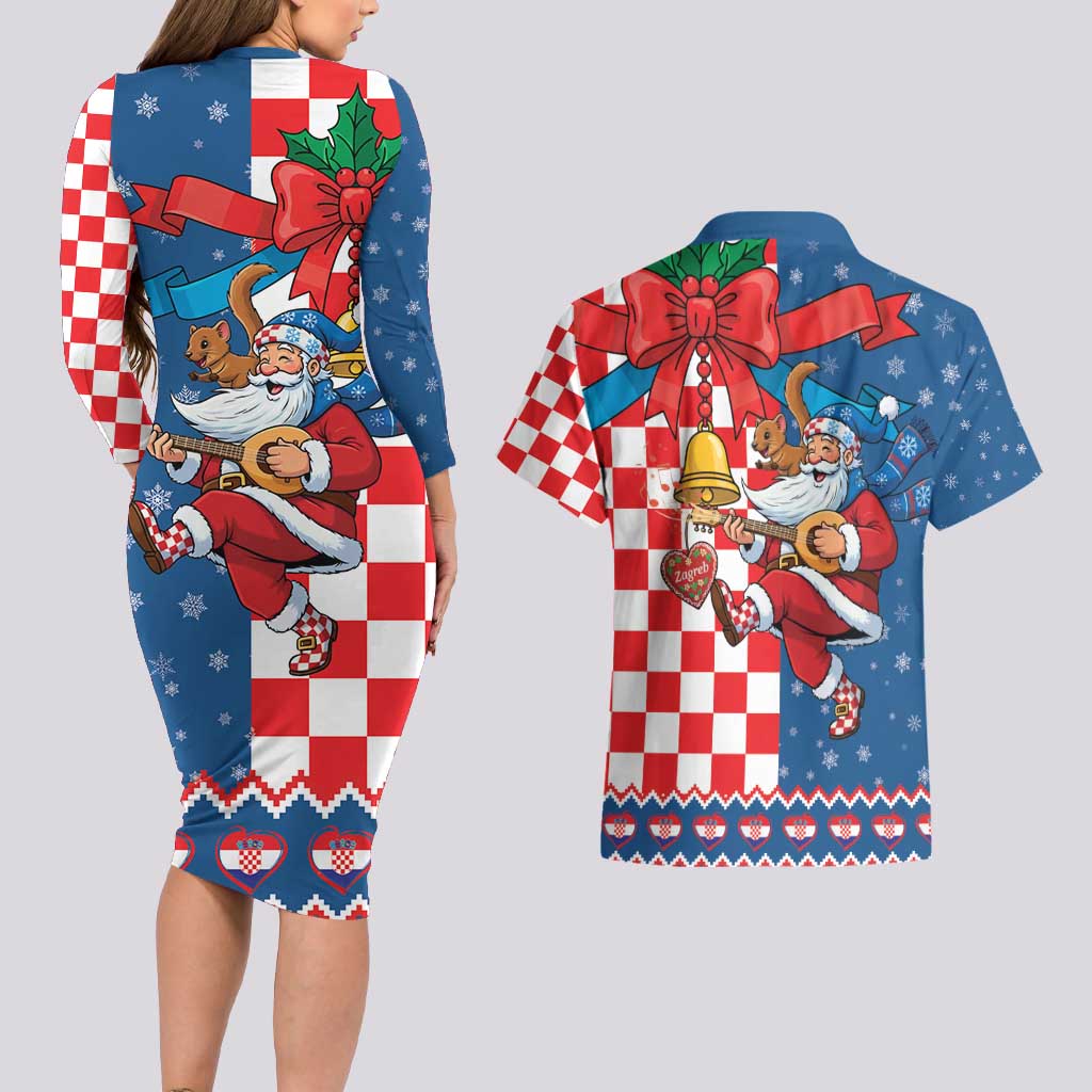 Funny Croatia Ugly Christmas Couples Matching Long Sleeve Bodycon Dress and Hawaiian Shirt Checkerboard Flag Santa Zagreb Design - Wonder Print Shop