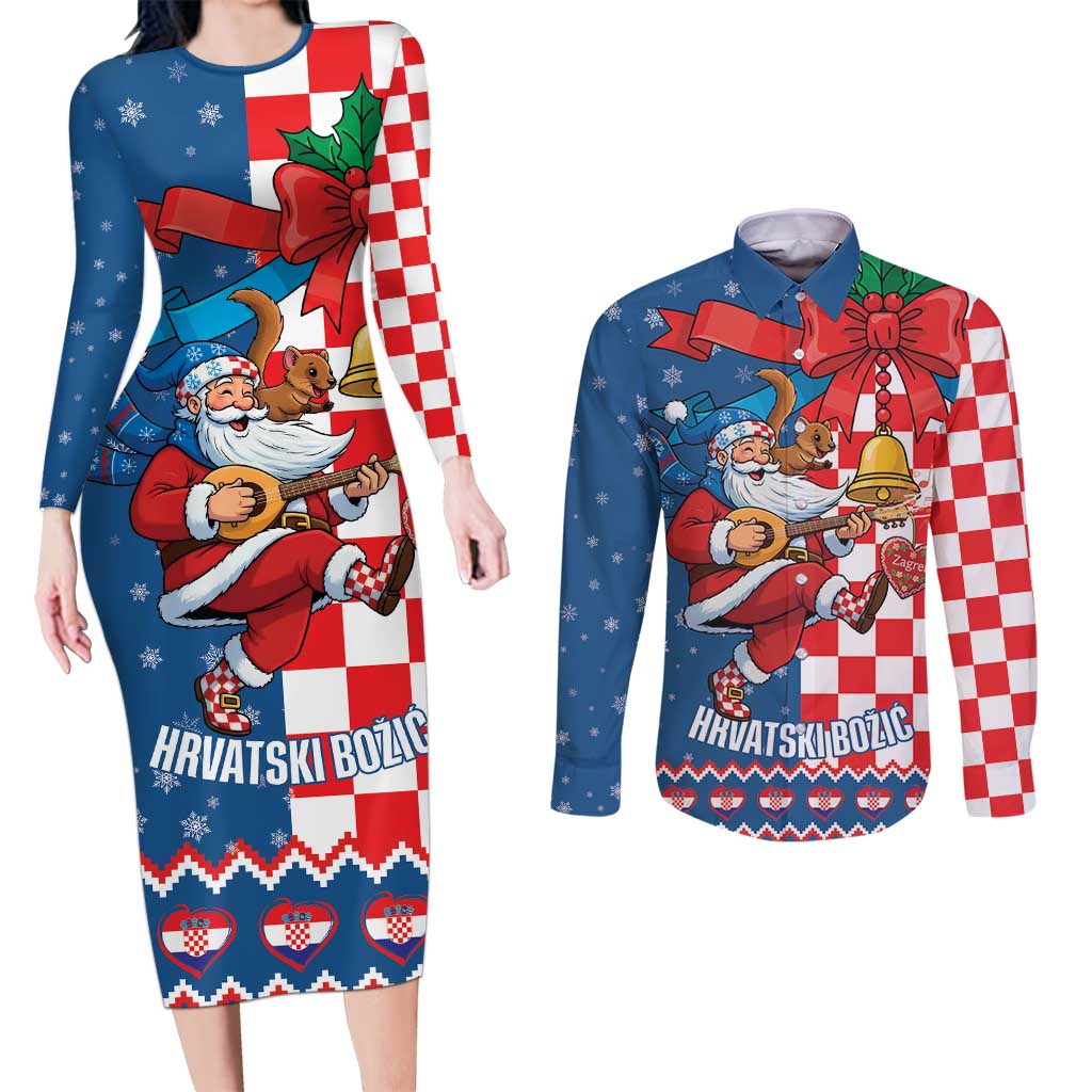 Funny Croatia Ugly Christmas Couples Matching Long Sleeve Bodycon Dress and Long Sleeve Button Shirt Checkerboard Flag Santa Zagreb Design - Wonder Print Shop