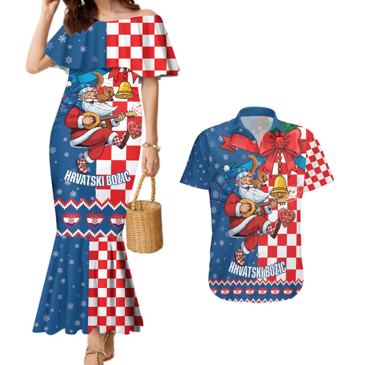 Funny Croatia Ugly Christmas Couples Matching Mermaid Dress and Hawaiian Shirt Checkerboard Flag Santa Zagreb Design - Wonder Print Shop