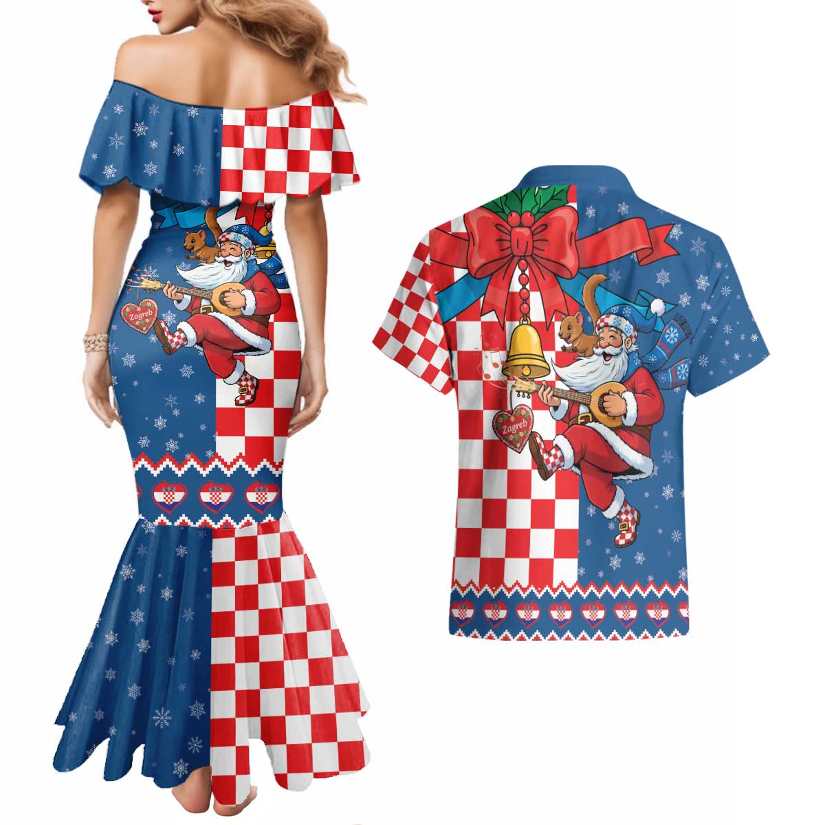 Funny Croatia Ugly Christmas Couples Matching Mermaid Dress and Hawaiian Shirt Checkerboard Flag Santa Zagreb Design - Wonder Print Shop