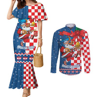 Funny Croatia Ugly Christmas Couples Matching Mermaid Dress and Long Sleeve Button Shirt Checkerboard Flag Santa Zagreb Design - Wonder Print Shop