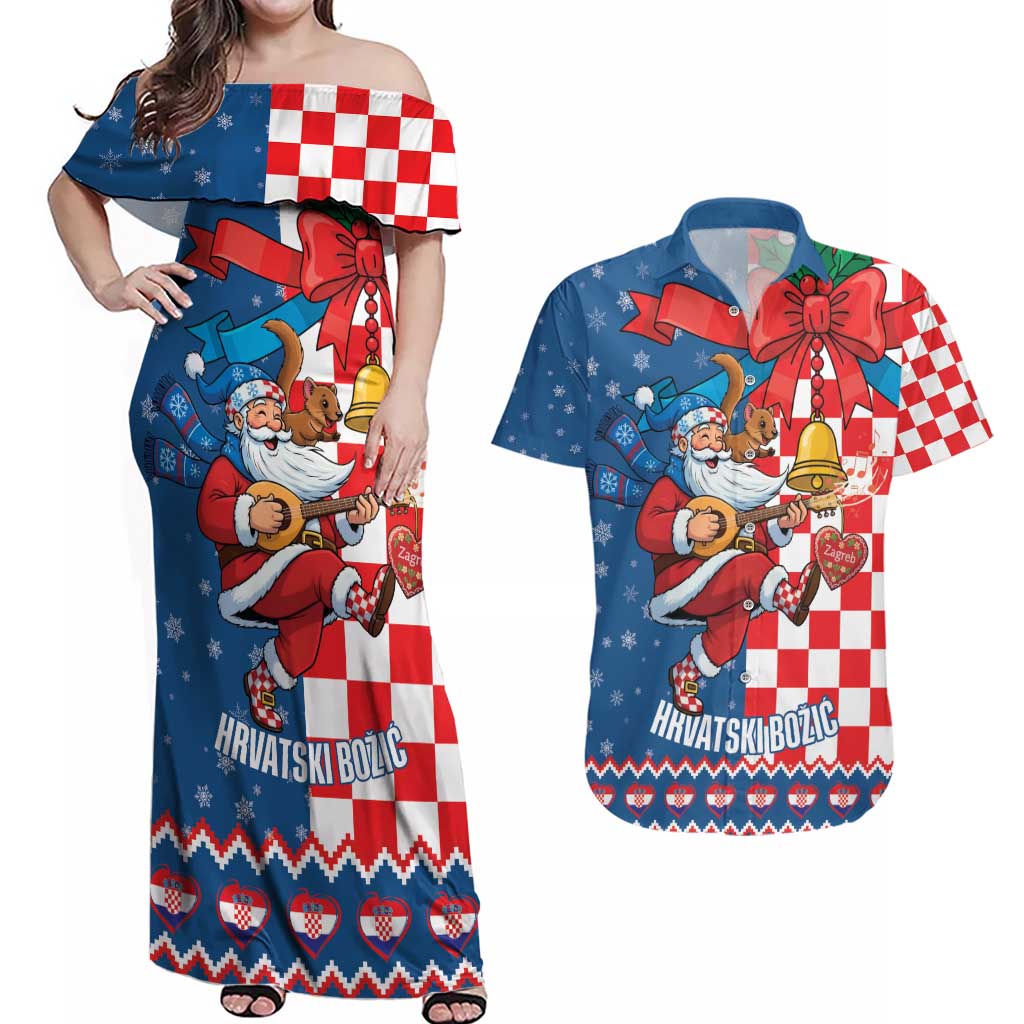 Funny Croatia Ugly Christmas Couples Matching Off Shoulder Maxi Dress and Hawaiian Shirt Checkerboard Flag Santa Zagreb Design - Wonder Print Shop