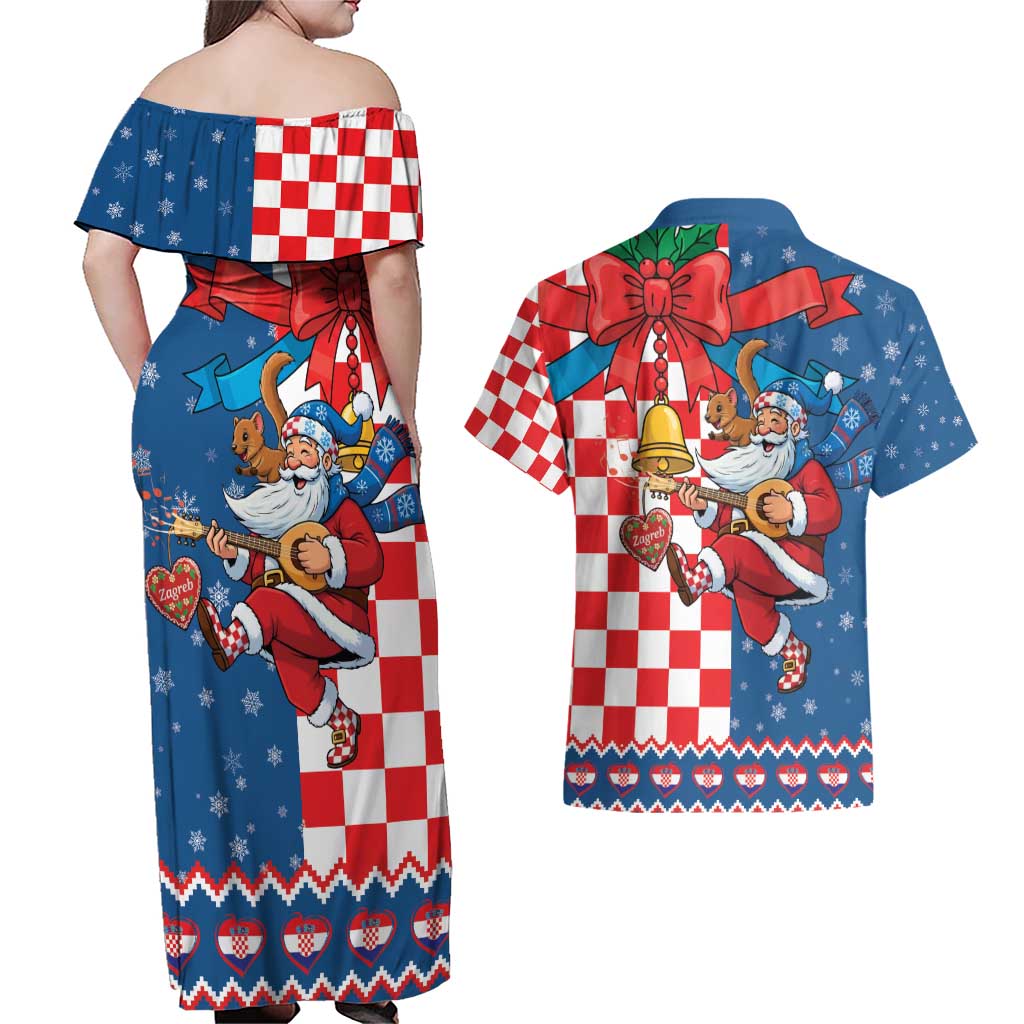 Funny Croatia Ugly Christmas Couples Matching Off Shoulder Maxi Dress and Hawaiian Shirt Checkerboard Flag Santa Zagreb Design - Wonder Print Shop