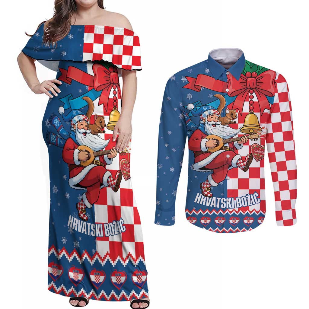 Funny Croatia Ugly Christmas Couples Matching Off Shoulder Maxi Dress and Long Sleeve Button Shirt Checkerboard Flag Santa Zagreb Design - Wonder Print Shop
