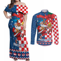 Funny Croatia Ugly Christmas Couples Matching Off Shoulder Maxi Dress and Long Sleeve Button Shirt Checkerboard Flag Santa Zagreb Design - Wonder Print Shop