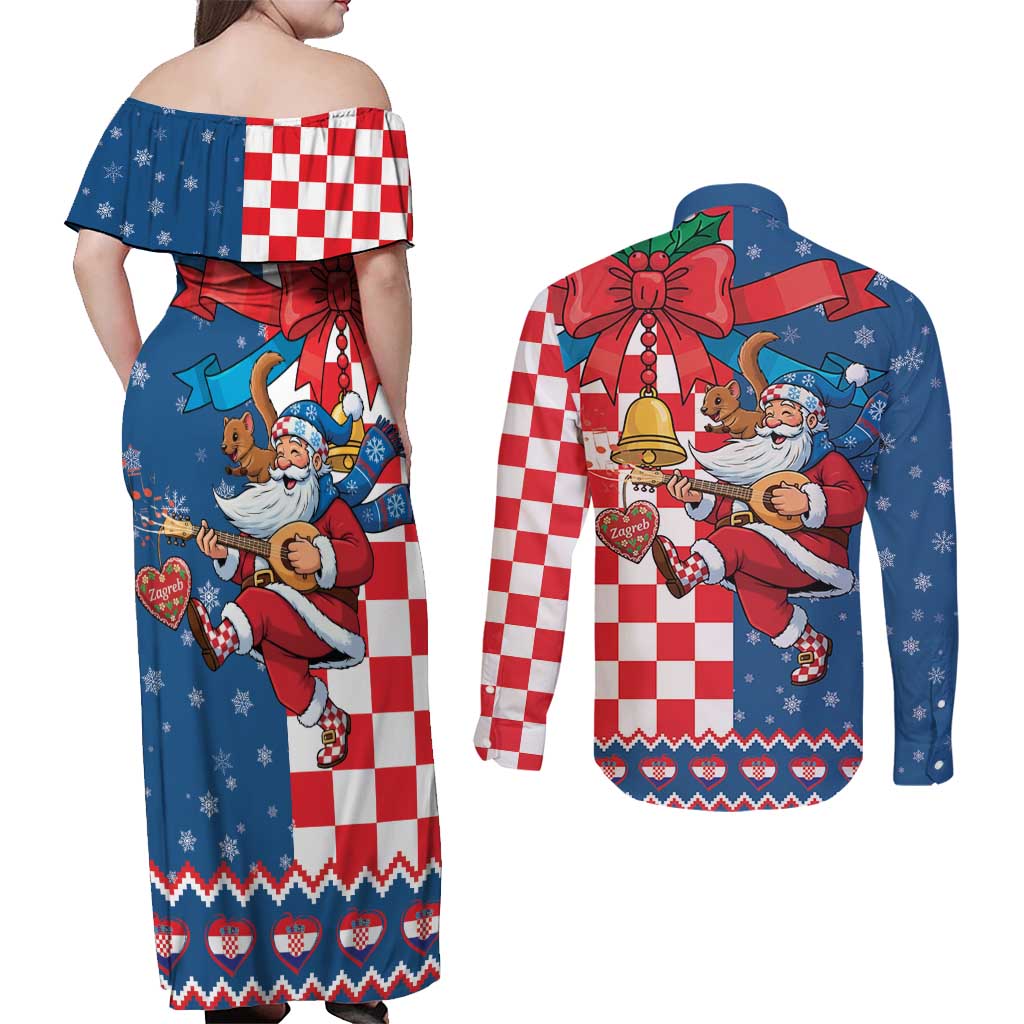Funny Croatia Ugly Christmas Couples Matching Off Shoulder Maxi Dress and Long Sleeve Button Shirt Checkerboard Flag Santa Zagreb Design - Wonder Print Shop