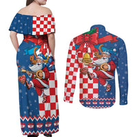 Funny Croatia Ugly Christmas Couples Matching Off Shoulder Maxi Dress and Long Sleeve Button Shirt Checkerboard Flag Santa Zagreb Design - Wonder Print Shop