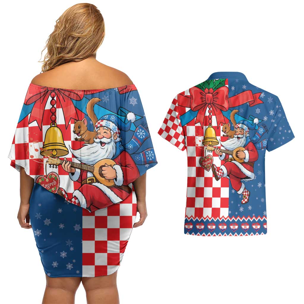 Funny Croatia Ugly Christmas Couples Matching Off Shoulder Short Dress and Hawaiian Shirt Checkerboard Flag Santa Zagreb Design - Wonder Print Shop