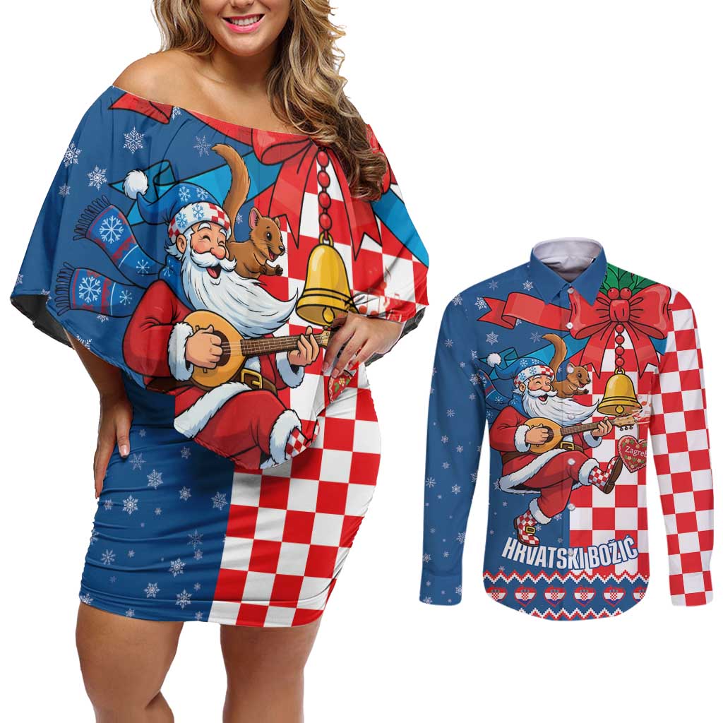 Funny Croatia Ugly Christmas Couples Matching Off Shoulder Short Dress and Long Sleeve Button Shirt Checkerboard Flag Santa Zagreb Design - Wonder Print Shop