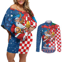 Funny Croatia Ugly Christmas Couples Matching Off Shoulder Short Dress and Long Sleeve Button Shirt Checkerboard Flag Santa Zagreb Design - Wonder Print Shop