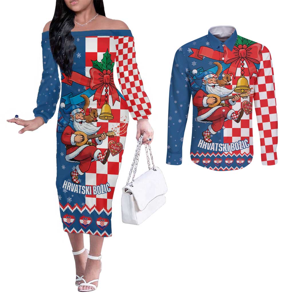 Funny Croatia Ugly Christmas Couples Matching Off The Shoulder Long Sleeve Dress and Long Sleeve Button Shirt Checkerboard Flag Santa Zagreb Design - Wonder Print Shop