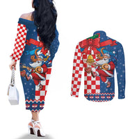 Funny Croatia Ugly Christmas Couples Matching Off The Shoulder Long Sleeve Dress and Long Sleeve Button Shirt Checkerboard Flag Santa Zagreb Design - Wonder Print Shop