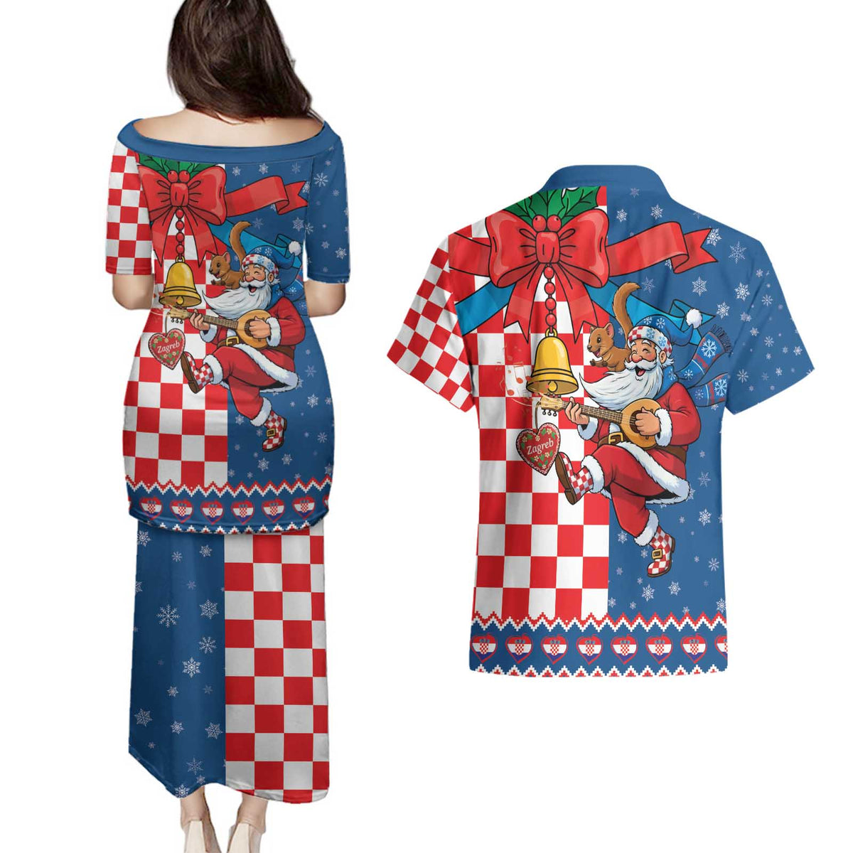 Funny Croatia Ugly Christmas Couples Matching Puletasi and Hawaiian Shirt Checkerboard Flag Santa Zagreb Design - Wonder Print Shop