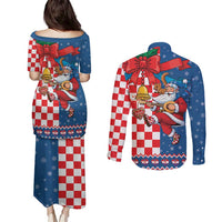 Funny Croatia Ugly Christmas Couples Matching Puletasi and Long Sleeve Button Shirt Checkerboard Flag Santa Zagreb Design - Wonder Print Shop