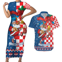 Funny Croatia Ugly Christmas Couples Matching Short Sleeve Bodycon Dress and Hawaiian Shirt Checkerboard Flag Santa Zagreb Design - Wonder Print Shop