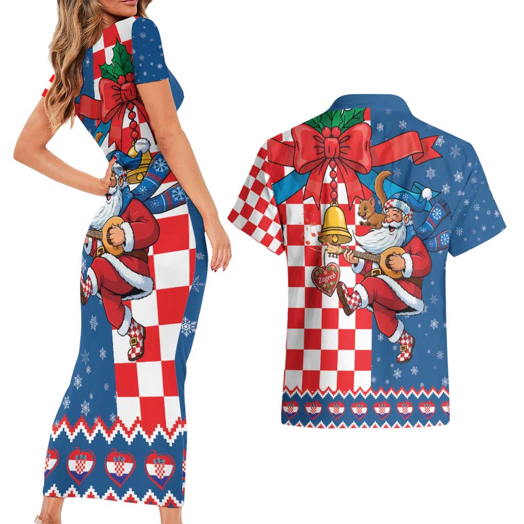 Funny Croatia Ugly Christmas Couples Matching Short Sleeve Bodycon Dress and Hawaiian Shirt Checkerboard Flag Santa Zagreb Design - Wonder Print Shop