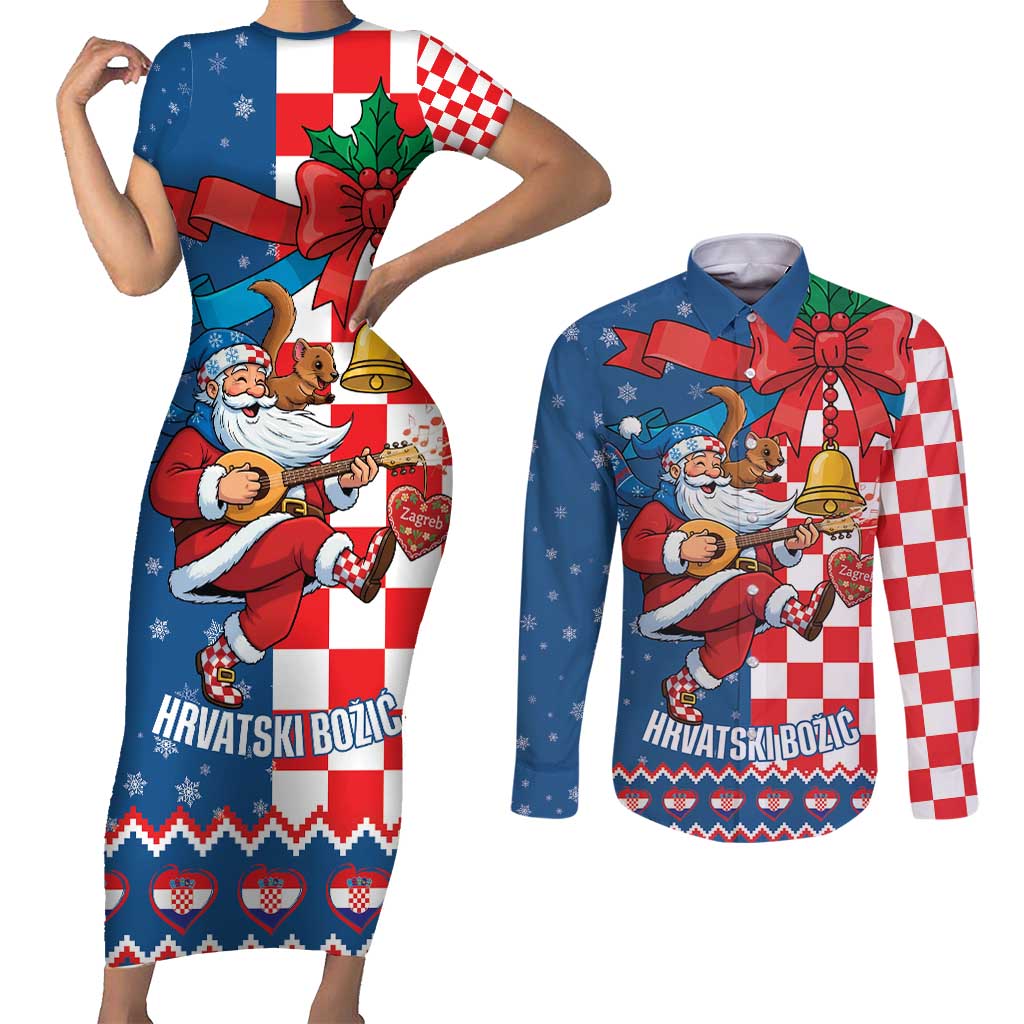 Funny Croatia Ugly Christmas Couples Matching Short Sleeve Bodycon Dress and Long Sleeve Button Shirt Checkerboard Flag Santa Zagreb Design - Wonder Print Shop
