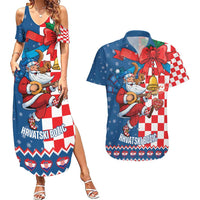 Funny Croatia Ugly Christmas Couples Matching Summer Maxi Dress and Hawaiian Shirt Checkerboard Flag Santa Zagreb Design - Wonder Print Shop