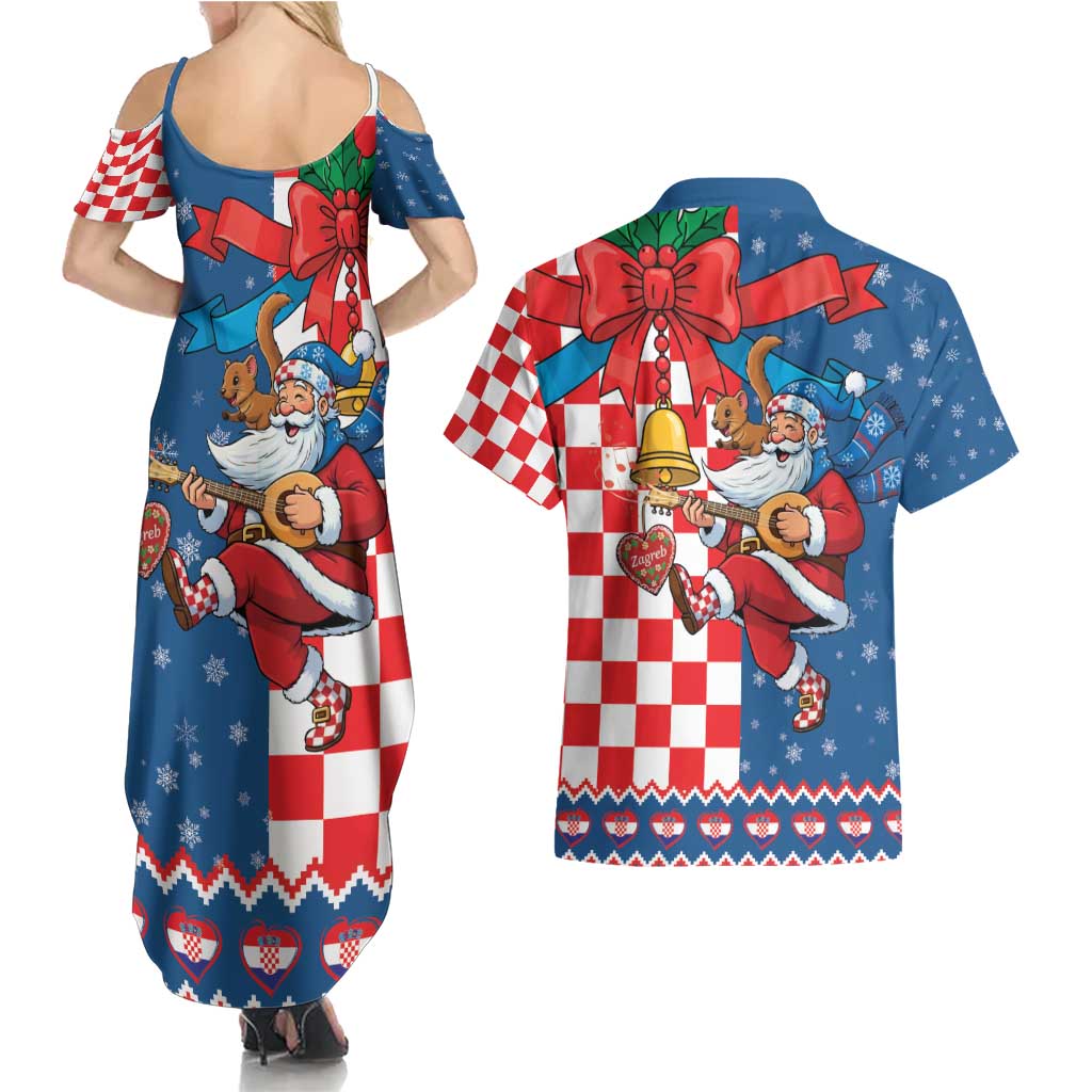 Funny Croatia Ugly Christmas Couples Matching Summer Maxi Dress and Hawaiian Shirt Checkerboard Flag Santa Zagreb Design - Wonder Print Shop