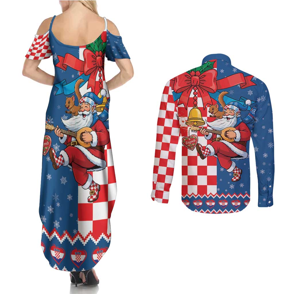 Funny Croatia Ugly Christmas Couples Matching Summer Maxi Dress and Long Sleeve Button Shirt Checkerboard Flag Santa Zagreb Design - Wonder Print Shop