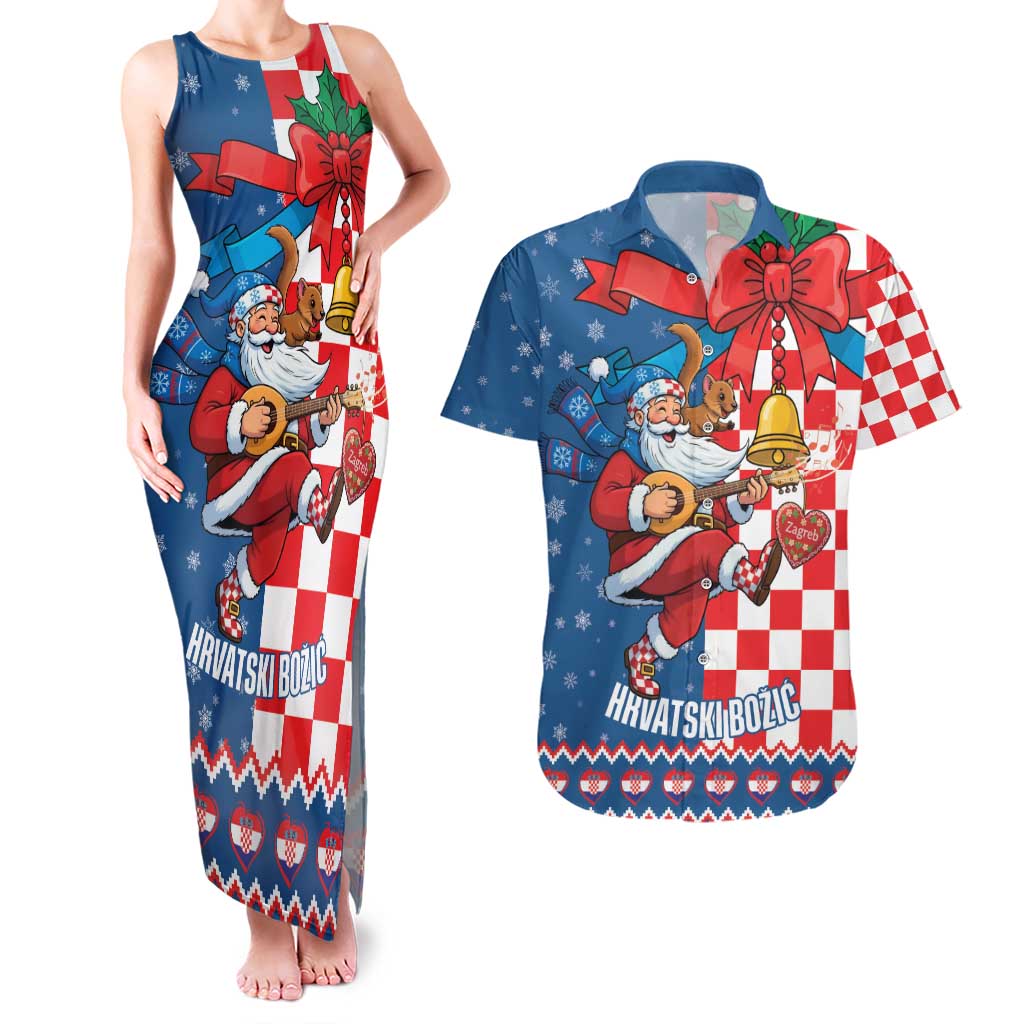 Funny Croatia Ugly Christmas Couples Matching Tank Maxi Dress and Hawaiian Shirt Checkerboard Flag Santa Zagreb Design - Wonder Print Shop